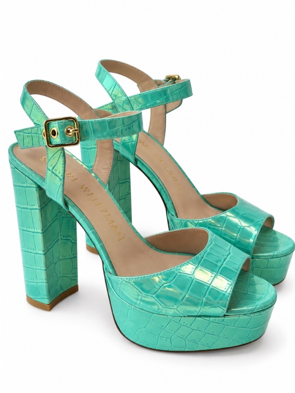 Stuart Weitzman Ryder Aqua Croc-Embossed Platform Sandals